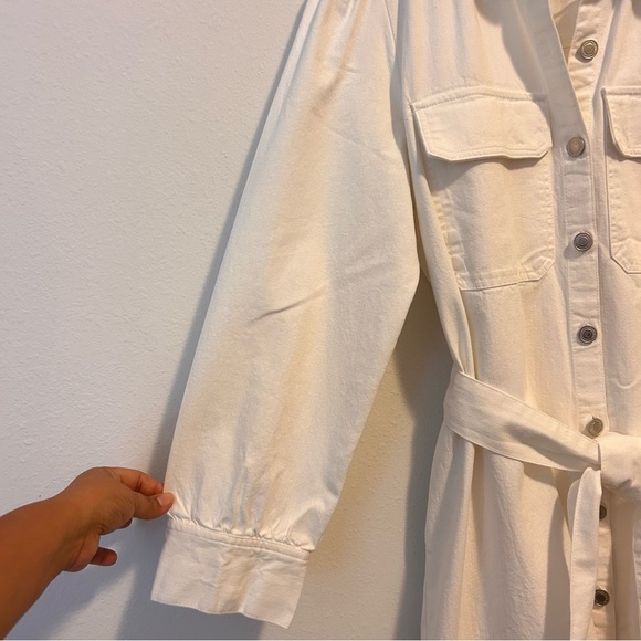 ZARA M Women’s Cotton Linen Blend Elegant Cream Button-Down Denim Belted Dress - Picture 4 of 12